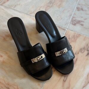 Hermes Black Leather Women's Slide Sandals, size 38